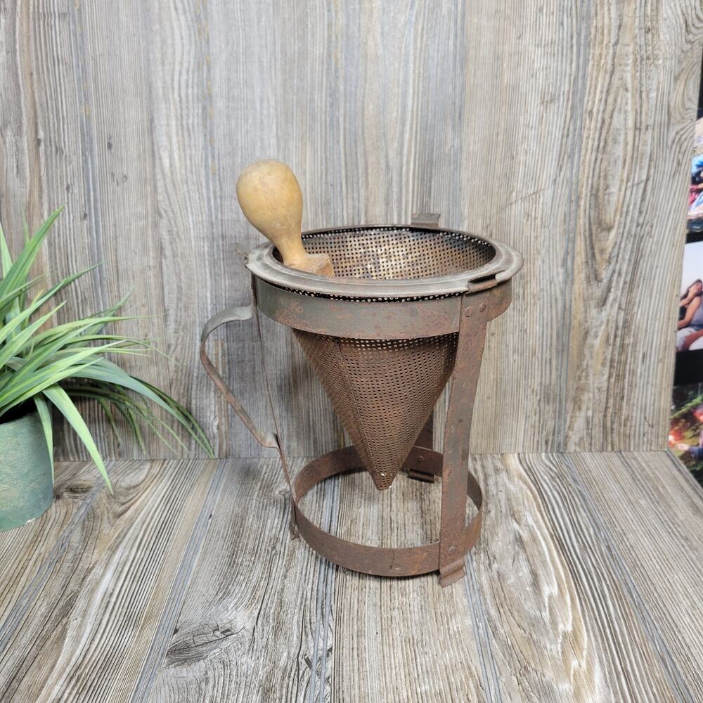 Vintage Cone Sieve Strainer with Wood Pestle/Stand, Farmhouse Primitive Rusty